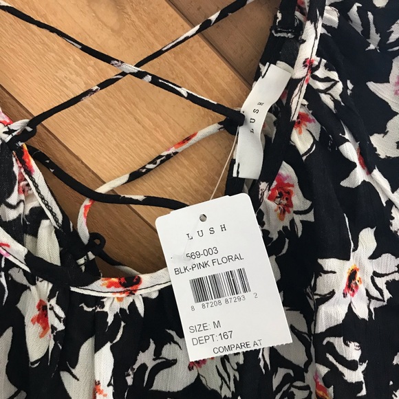 Lush -  Black/Pink Floral Lace Up Blouse - Picture 3 of 3
